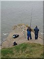 NZ3476 : Cliff top sea anglers at Crag Point by Oliver Dixon