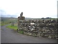 NY9089 : Farm name sign and lion gatepost by Stanley Howe