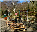 SH5761 : Picnic benches at Cei Llydan railway station by Jaggery