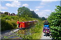 SJ2206 : A cycle tourist passes a narrowboat on the Montgomery Canal by Phil Champion