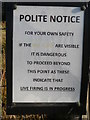 SE0611 : Notice at gate on footpath into firing range land, Deer Hill, Marsden by Humphrey Bolton