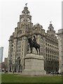 SJ3390 : Edward VII statue in front of the Royal Liver Building by Graham Robson