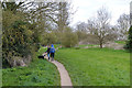 SP3779 : Couple with a dog on the Sowe Valley footpath, Binley, Coventry by Robin Stott