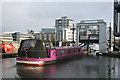 NT2472 : Purple boat about to go under Leamington Lift Bridge by Chris Allen