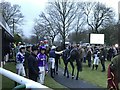 TL2072 : Jockeys and horses about to leave the parade ring at Huntingdon Racecourse by Richard Humphrey