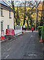 ST3395 : Bilingual temporary road sign, Church Road, Llandegveth by Jaggery