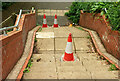 SX9065 : Traffic cones on cycle path steps, Torquay by Derek Harper