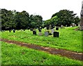 SO4707 : St Catwg's churchyard headstones and trees, Cwmcarvan by Jaggery