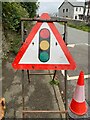 SH6268 : Temporary traffic lights warning sign on Llwyn Bleddyn Road, Rachub by Meirion