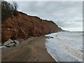 SY1387 : Stormy sea, cliffs and cliff falls, east of Sidmouth by David Smith