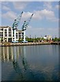 SJ8197 : The two cranes Salford Quays by Steve  Fareham