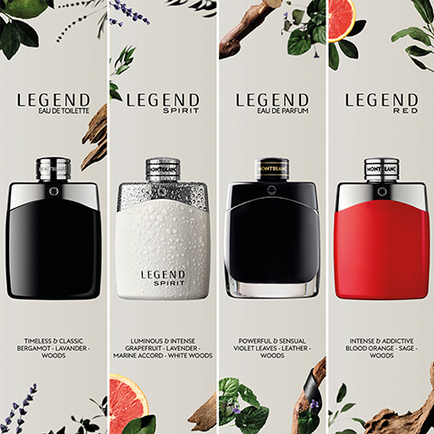 Image 1 - The image shows four bottles of fragrance labeled Legend, Legend Spirit, Legend Eau de Parfum, and Legend Red, with accompanying descriptions for each scent: Legend features bergamot and lavender, Legend Spirit includes grapefruit and marine accord, Legend Eau de Parfum contains violet leaves and leather, and Legend Red highlights blood orange and sage.