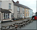 SN7634 : Picnic benches, Railway Terrace, Llandovery by Jaggery