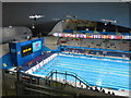 TQ3884 : Olympics Aquatics Centre, turn end, big screen and flags by David Hawgood