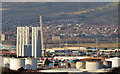 J3677 : Wind turbine masts, Belfast harbour by Albert Bridge