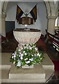 SP8205 : Great Kimble - St Nicholas - "Aylesbury" font in situ by Rob Farrow