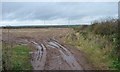 NY1341 : Muddy entrance to a stubble field, west of Aspatria by Christine Johnstone