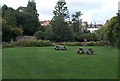 ST9387 : Riverside picnic benches in Malmesbury by Jaggery