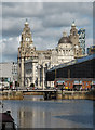 SJ3489 : Albert Dock swing bridge with the 'three graces' beyond by Chris Allen