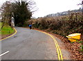 SO2218 : Yellow grit bin and double yellow lines, Great Oak Road, Crickhowell by Jaggery