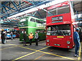 TQ4585 : Buses on display inside Barking Bus Garage (1) by David Hillas