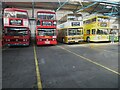 TQ4585 : Five Preserved Buses on display inside Barking Bus Garage by David Hillas