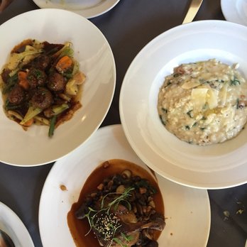 Duck confit, Wild Mushroom Risotto with truffle oil, lamb meatballs with artichokes and fava beans