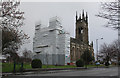 SJ9398 : St Peter's Church, Ashton - the east end is swathed in scaffolding during restoration work by Alan Murray-Rust