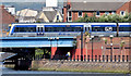 J3474 : Train crossing the Laganside Walkway, Belfast (July 2014) by Albert Bridge