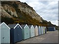 SZ0789 : Beach huts and cliffs, Branksome Dene by David Smith