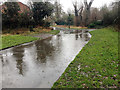 SP2965 : Surface water in the rain, St Nicholas Park, Warwick by Robin Stott