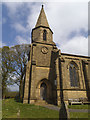 SD9055 : St Peter's Coniston Cold - spire and clock dial by Stephen Craven