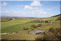 TQ5403 : Concrete lined and oval shaped dew pond near the Long Man by Andrew Diack