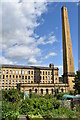 SE1437 : Salt's Mill and chimney seen across allotments from Caroline Street by David Martin