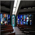 SP1484 : Interior of Church of St Thomas More, Sheldon, with glass by John Chrestien. by A J Paxton