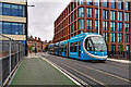 SO9198 : West Midlands Metro tram approaching Wolverhampton railway station by Roger  D Kidd