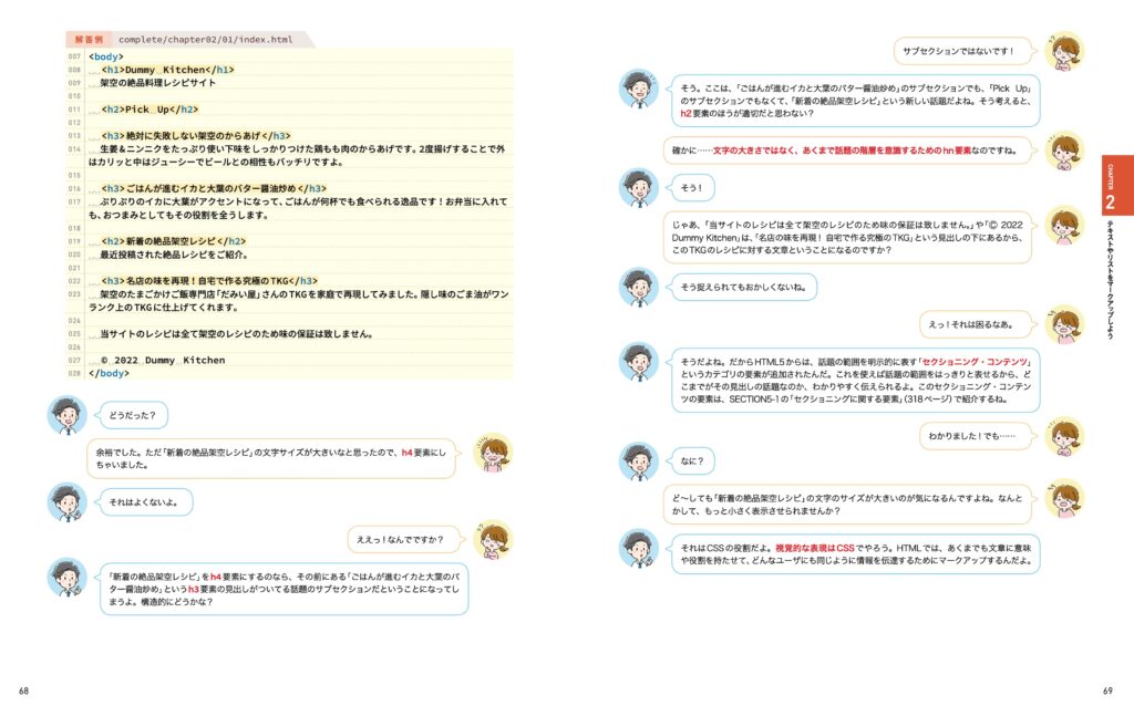 武器になるHTMLの68ページでは、見出しの要素を使ったプチ問題の解答例を紹介しています。