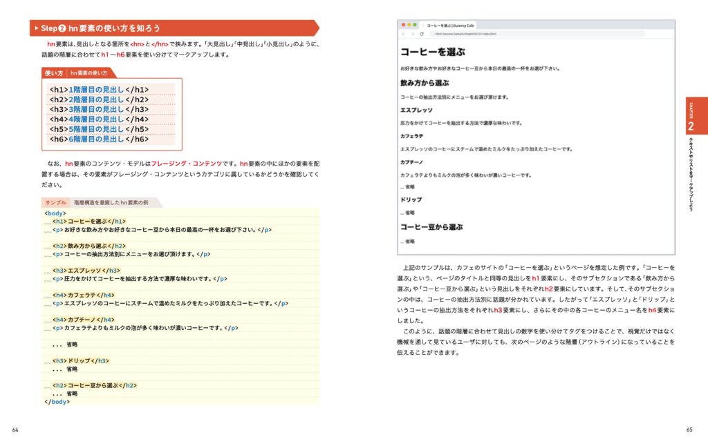 武器になるHTMLの64~65ページでは、見出しの要素の使い方とサンプルコードを紹介しています。