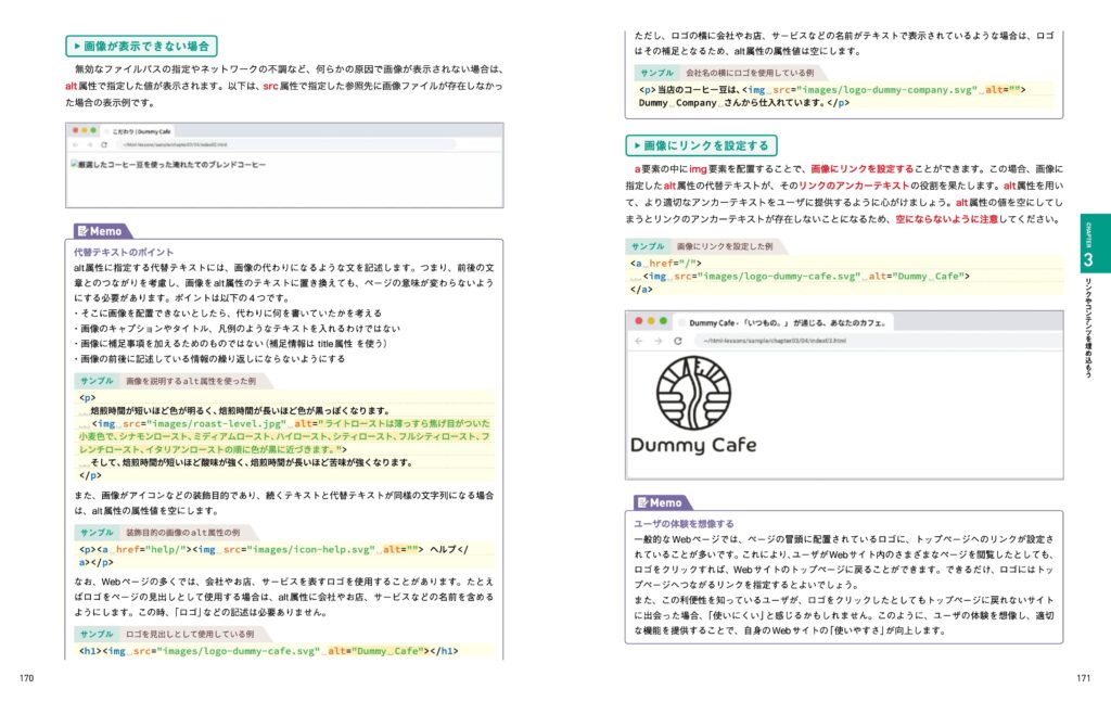 武器になるHTMLの170〜171ページでは、img要素のalt属性についての考え方を解説しています。