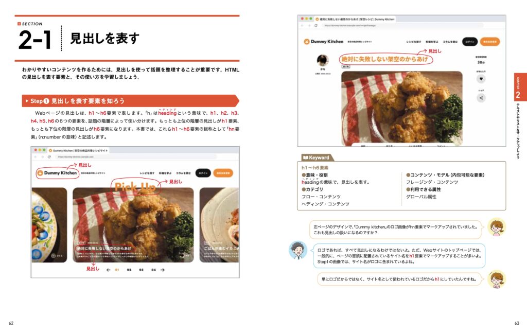 武器になるHTMLの62~63ページでは、見出しの要素の概要や架空の料理レシピサイトでどのように使われているかを紹介しています。