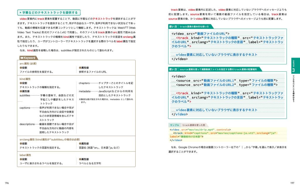 武器になるHTMLの196~197ページには、video要素に字幕などのテキストトラックを提供する方法について書いています。