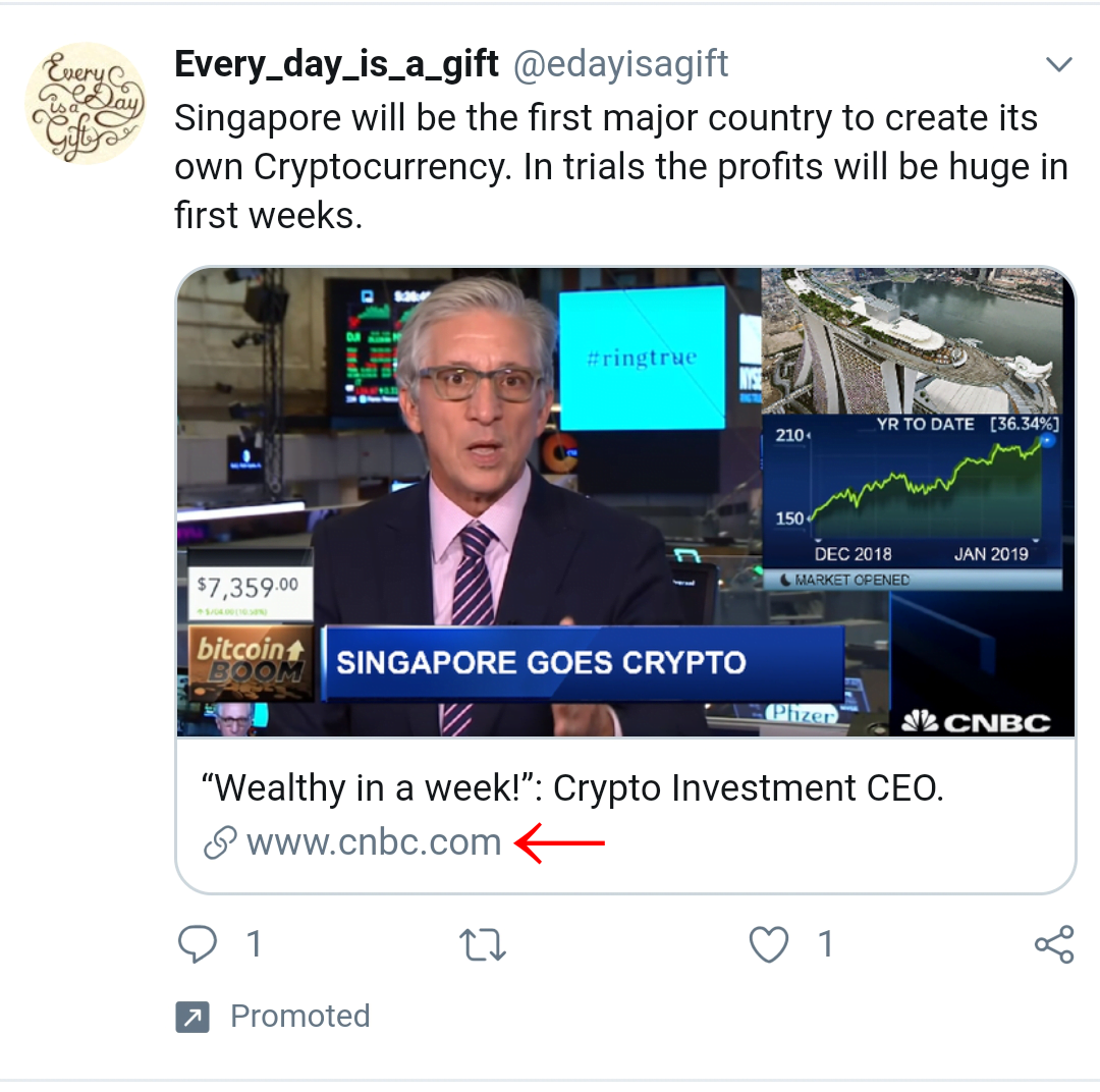 A spam advert on Twitter. The CNBC website is highlighted at the bottom.