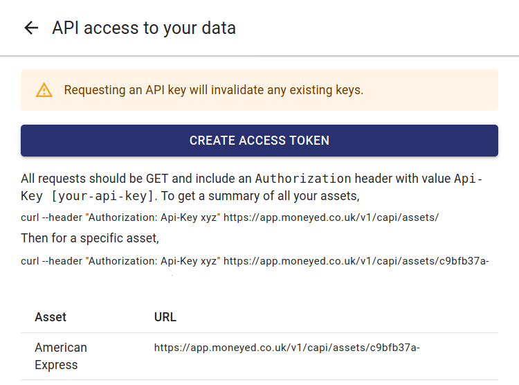 API Token generation screen.