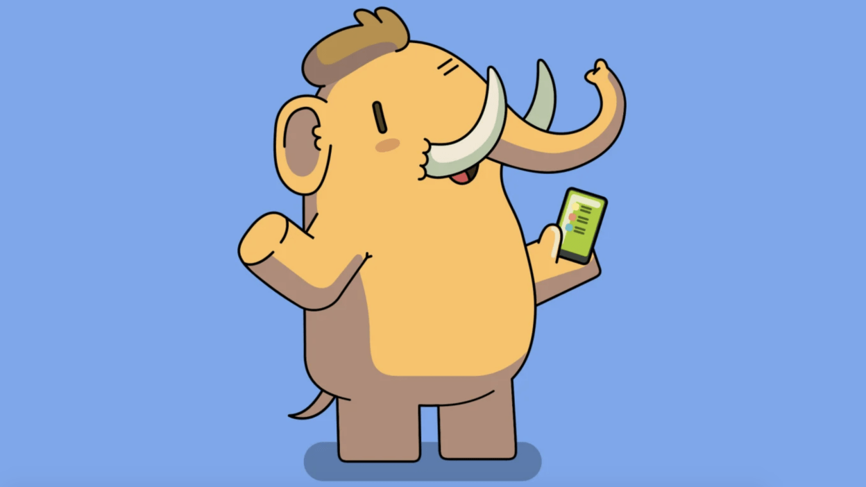 Cartoon of a tusked mastodon holding a phone.