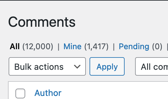 Screenshot from the WordPress dashboard showing 12,000 comments have been approved.