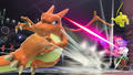 Charizard dodges one of Fox's blaster shots.