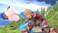 Shulk using his dash attack against Samus on the stage.