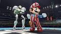 Samus displaying her new Light Suit-inspired alternate costume alongside Mario's new NES Open Tournament Golf-inspired alternate costume.