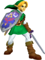 The Ocarina of Time iteration of Link wielding the Master Sword in Melee.