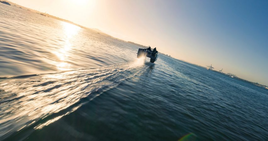 Rear view of Vessev V-9 hydrofoil on the water